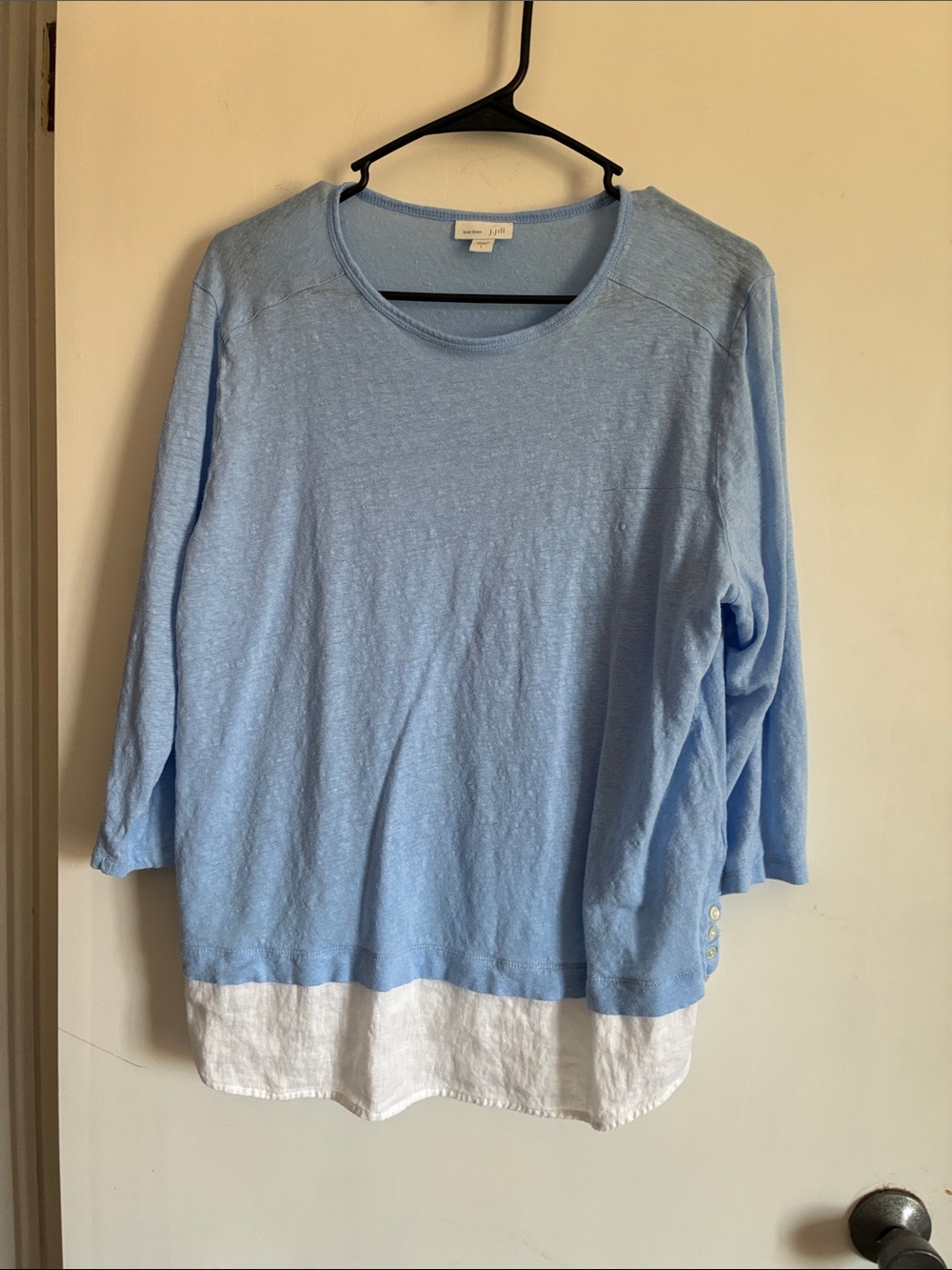 J. Jill Sky Blue linen top  with White Layered Hem